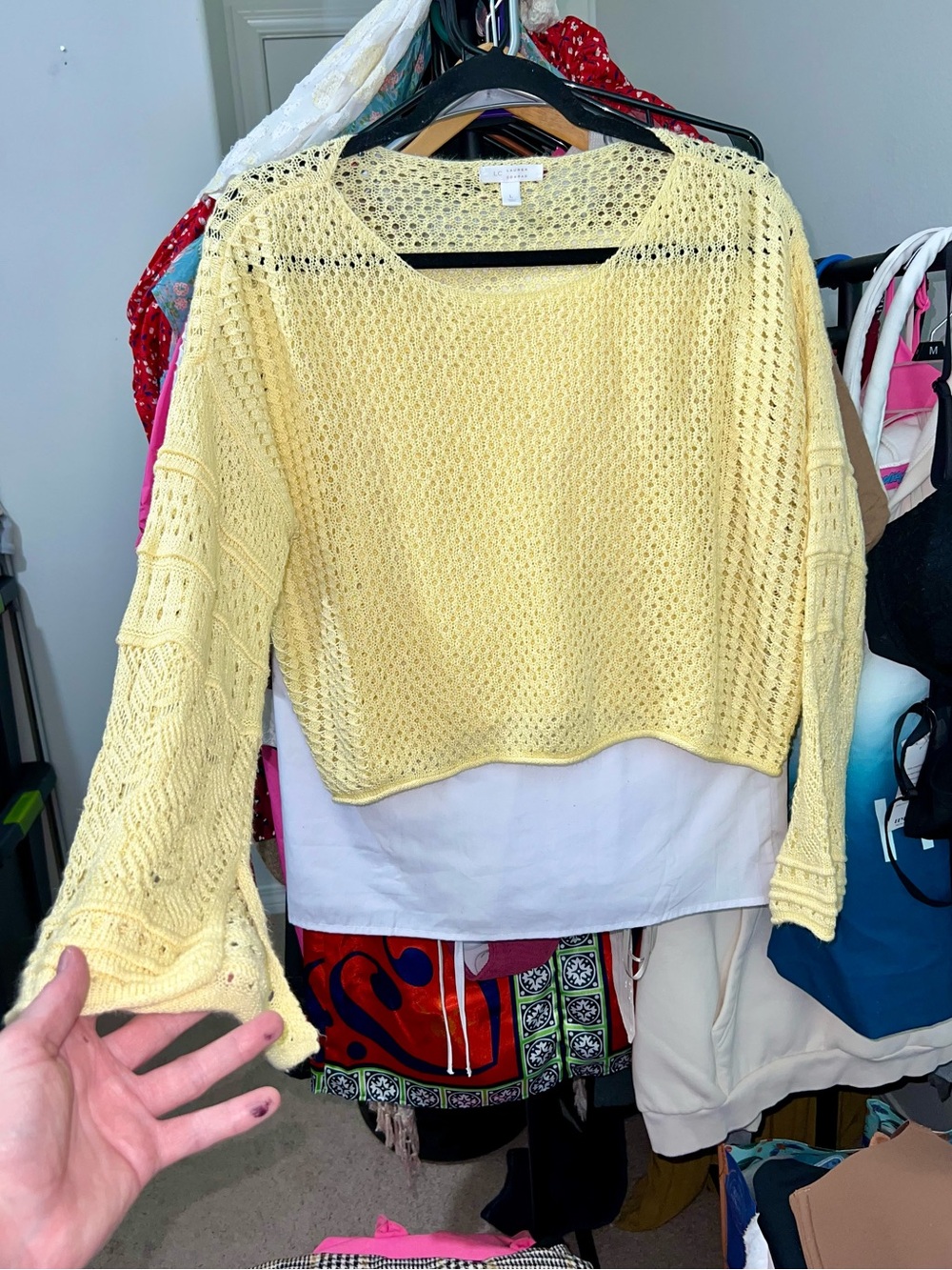 LC Lauren Conrad Pale Yellow Eyelet Design Bell Sleeve Top